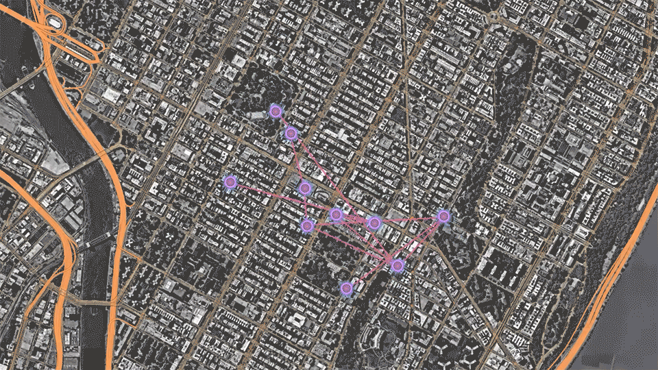 purple nodes superimposed on map of NYC move around with pink lines connecting.